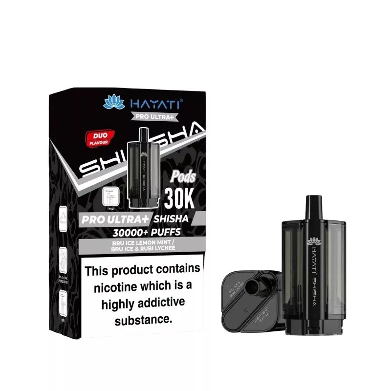 Hayati Pro Ultra Plus Shisha 30000 Bru Ice Lemon Mint / Bru Ice & Rubi Lychee Pods